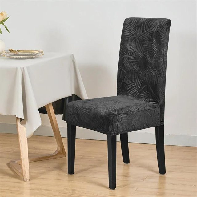 Elastischer Stuhlbezug aus weichem Samt mit Blätter-Jacquard-Muster in Schwarz für Esszimmerstühle - Bild 1