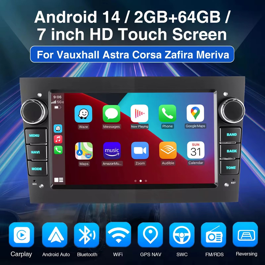 ESSGOO Android 14 Autoradio mit 7 Zoll Touchscreen für Opel Vauxhall Corsa C/D Antara Astra Zafira Vivara inklusive Carplay, Android Auto, Bluetooth und Wifi in Schwarz/Silber - Bild 2