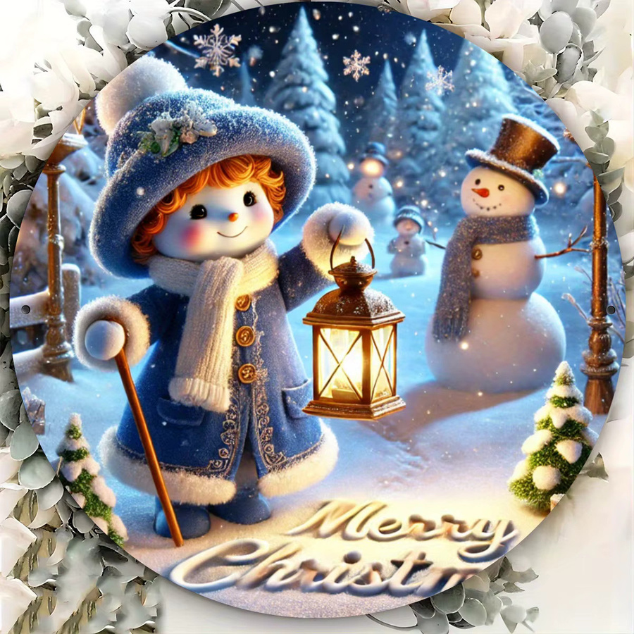 Potdemiel Weihnachts-Kranzschild Schneemann aus Metall, runder Wanddekor mit Winterszene, Durchmesser: 20,32 cm - Bild 4
