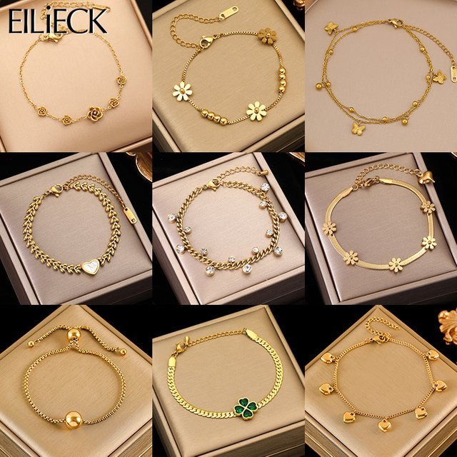 EILIECK Armband, 316L Edelstahl, Goldfarben, Blumen-Herz-Charm, Damen - Bild 1