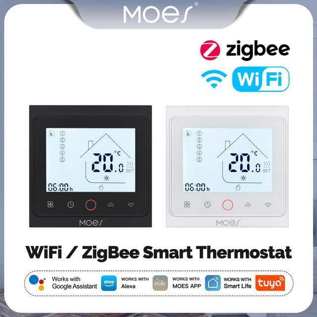 MOES Smart Thermostat für elektrische oder wassergeführte Fußbodenheizungen und Gaskessel mit Tuya ZigBee/WiFi App- und Sprachsteuerung via Alexa und Google Home in Schwarz oder Weiß - Bild 1