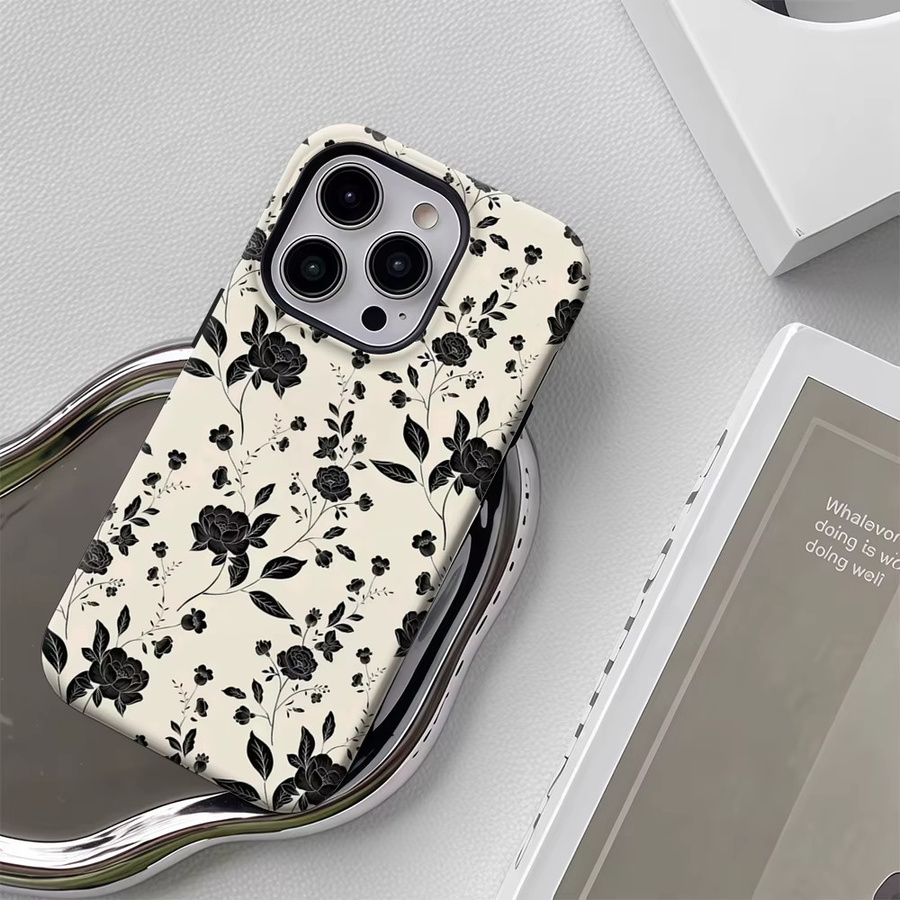 Potdemiel Vintage-Handyhülle mit schwarzem Blumenmuster für iPhone 17 16 15 14 13 12 Pro Max Plus mit doppellagiger Rückseite in Schwarz und Multicolour - Bild 5