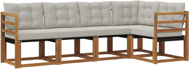 vidaXL Outdoor-Sofagarnitur 5-teilig L-Form aus Akazienholz und Textilene in Natur und Hellgrau mit UV-beständigen Kissen - Bild 1