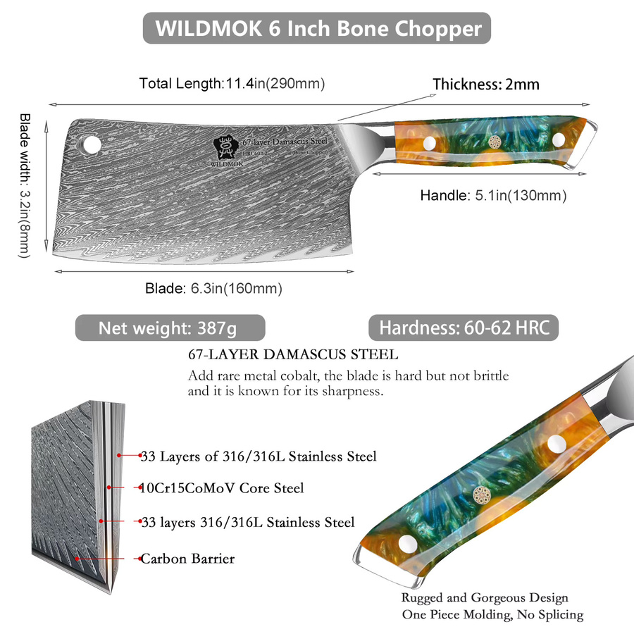 WILDMOK Hochleistungs-Küchenmesser aus 67-lagigem Damast VG10 Stahl mit Kunstharzgriff, 16,5 cm Cleaver - Bild 5