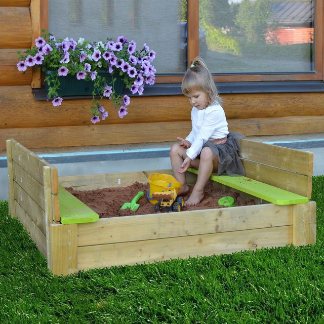 Wendi Toys Sandkasten Deluxe aus Holz mit Sitzflächen und Holzabdeckung, grün/natur, B/T/H: 120 x 120 x 25 cm - Bild 1