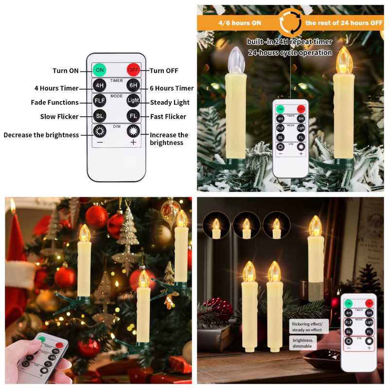 10 Stück flammenlose weiße LED-Spitzkerzen mit Fernbedienung und Timer für den Weihnachtsbaum, batteriebetriebene konische Clip-on-Kerzen aus Kunststoff - Bild 3