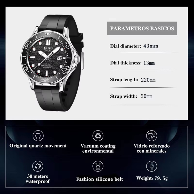 LIGE Armbanduhr Quarz, Silikon, Schwarz, Herren - Bild 3