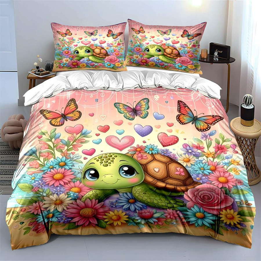 Grosstor 3-teiliges Bettwäsche-Set mit Schildkröten- und Blumen-Design, Mehrfarbig, Material Mikrofaser Polyester, B/H: 135 x 200 cm - Bild 2
