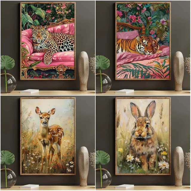 Pop Lovely Wildlife Wandkunst Leinwanddruck mit Tier-Motiven Leopard Tiger Hirsch und Kaninchen als Poster zur Heimdekoration - Bild 1