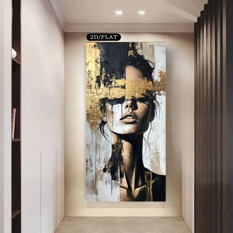 Moderne abstrakte Leinwandkunst mit Frauen-Gesicht als Wandbild in Schwarz-Weiß-Gold, rechteckige Leinwand ohne Rahmen - Bild 2