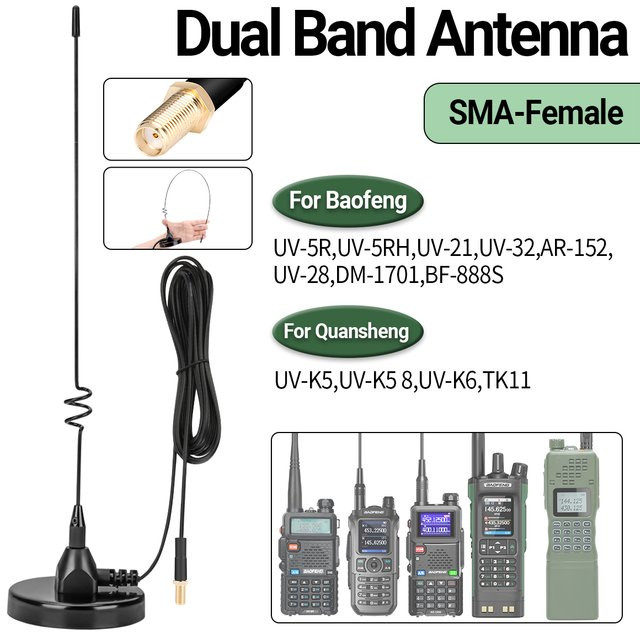 ABBREE V/UHF Mobile Radio Walkie Talkie Antenne mit Magnetfuß und SMA-Buchse PL259 für Baofeng UV5RH UV21 Pro UV32, Schwarz, Durchmesser: 6,6 cm - Bild 1