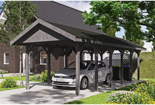Skan Holz Carport Wallgau Satteldach in Schiefergrau mit Bitumendachschindeln B: 380 cm, T: 900 cm, H: 313 cm - Bild 1