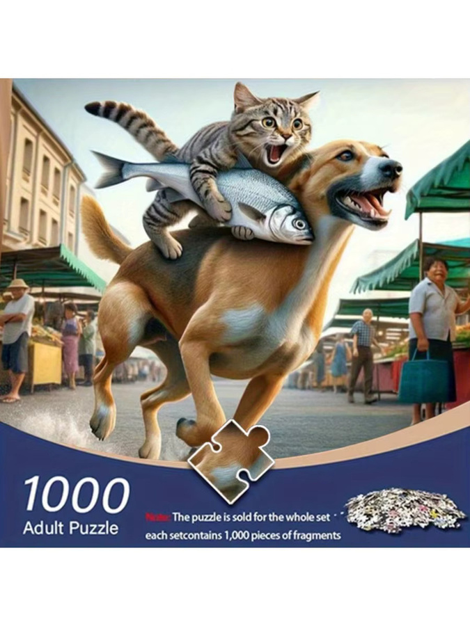 AZNM Puzzle, süßer Hund mit Katzen- und Fischmarktszene, 1.000 Teile - Bild 5