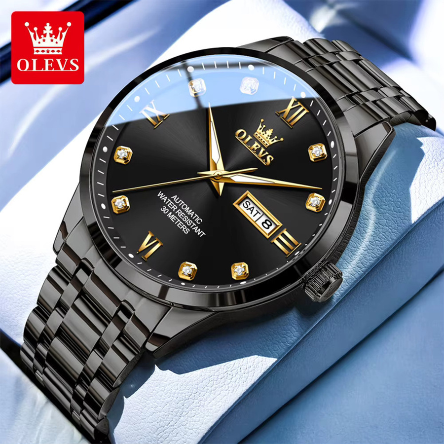 OLEVS Armbanduhr Automatik, Edelstahl, Gold, Diamant, Doppelkalender, Herren - Bild 3