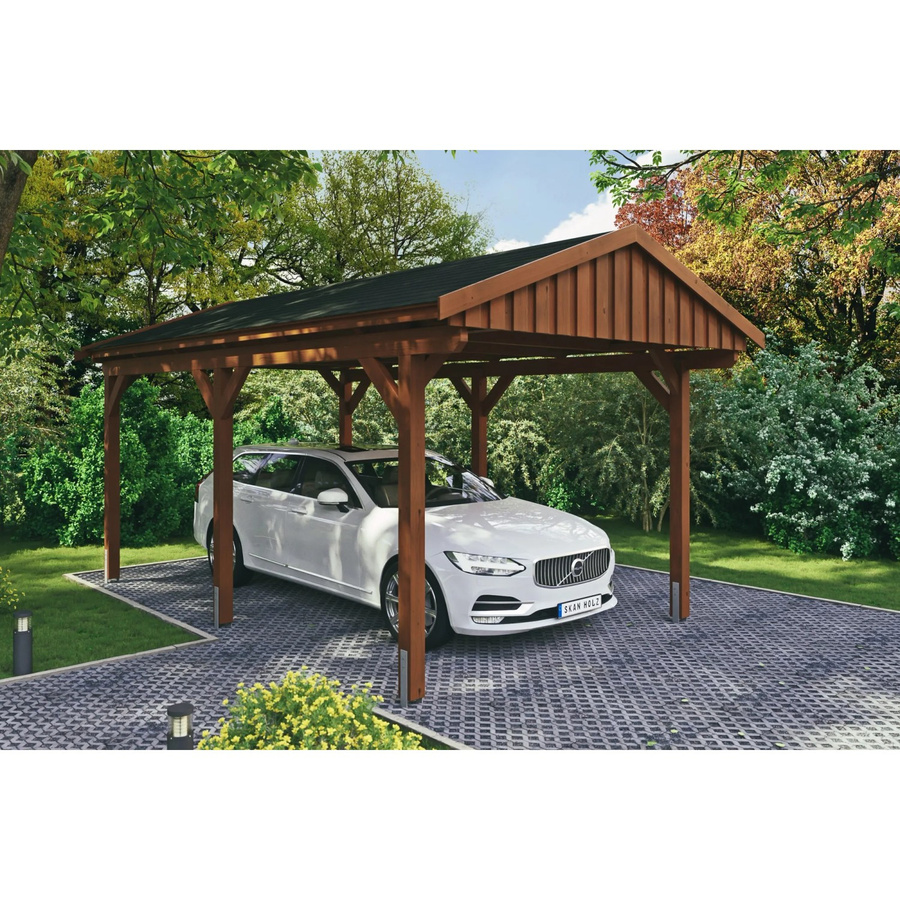 Skan Holz Carport Fichtelberg aus Fichte Leimholz in Nussbaum Braun mit spitzer Dachform und schwarzen Dachschindeln B/T: 317 x 566 cm, Höhe: 303 cm - Bild 2