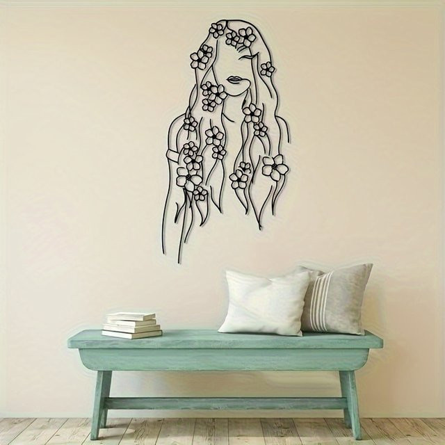 CIFBUY Metall-Wanddekoration Minimalistische Linienkunst Frau in Schwarz mit geometrischen und botanischen Elementen - Bild 1