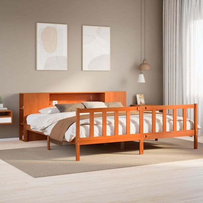 Massivholzbett aus Kiefer mit Regal von Vidaxl in Braun, B/T/H: 200 x 200 x 82 cm - Bild 1