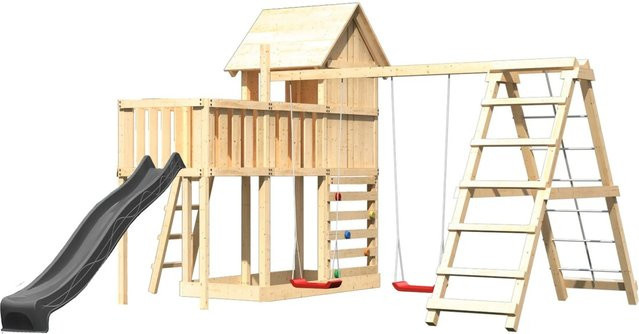 Karibu Spielhaus Frieda aus Massivholz in Anthrazit mit Rutsche, Schaukel, Plattform und Kletterwand - Bild 1