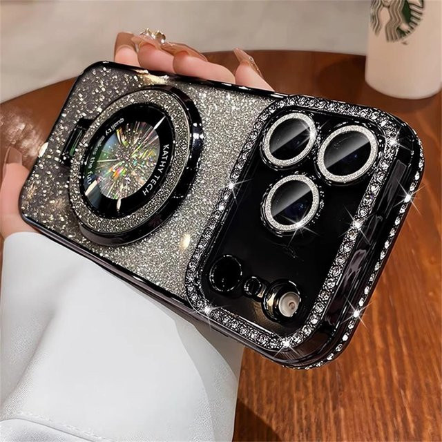 Glänzende Magnetische iPhone Handyhülle mit Strassstein-Rahmen und 3-in-1 Klappständer in Transparent oder Schwarz für iPhone 12 bis iPhone 17 Pro Max - Bild 1