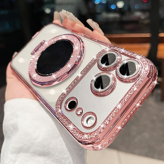 Diamant-Spiegelständer Magnetische Schutzhülle für Apple iPhone 11 bis 17 Pro Max mit MagSafe Kompatibilität in Transparent Silber - Bild 1