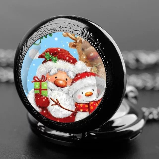 Kreative digitale Quarz-Taschenuhr als Anhänger mit Glaskuppel und Motiv Weihnachtsmann oder Schneemann, Multicolor - Bild 1