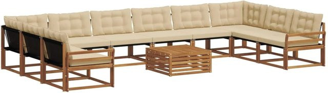 vidaXL Outdoor-Sofagarnitur aus Akazienholz in U-Form mit Textilene und Kissen, 11-teilig, Natur-Beige - Bild 1