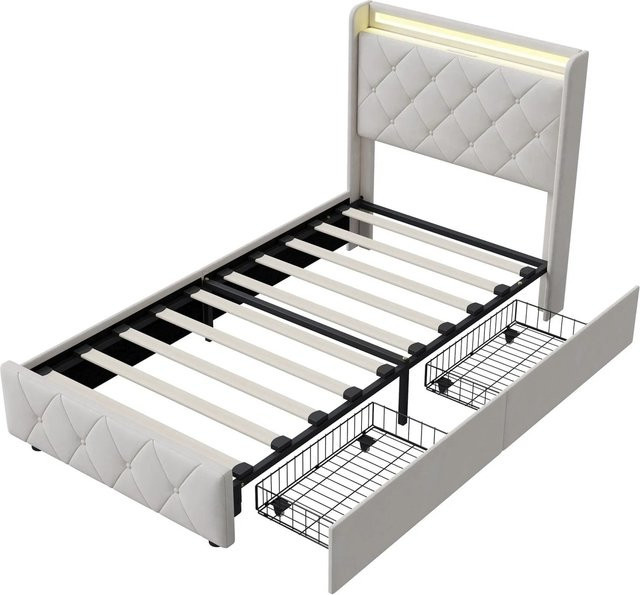 PXloue Polsterbett aus Samt mit LED-Beleuchtung, USB-Ladefunktion und 4 Rollschubladen, B/T/H: 90 x 200 x 114 cm (Breite: 90 cm, Höhe: 114 cm) - Bild 1