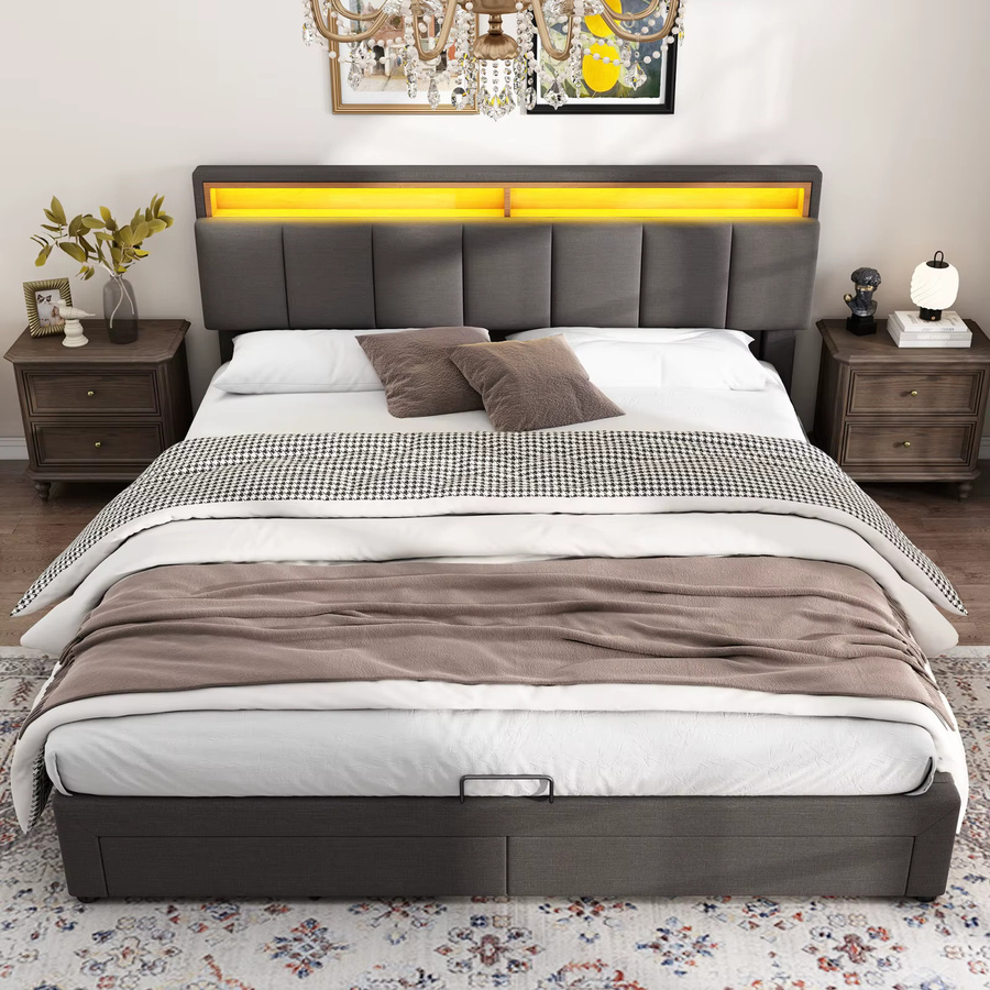 FEEOHOME Polsterbett Grau mit LED, Modernes Doppelbett mit Stauraum durch Schubladen und Hydraulik sowie Kopfteil, B/T: 180 x 200 cm - Bild 6