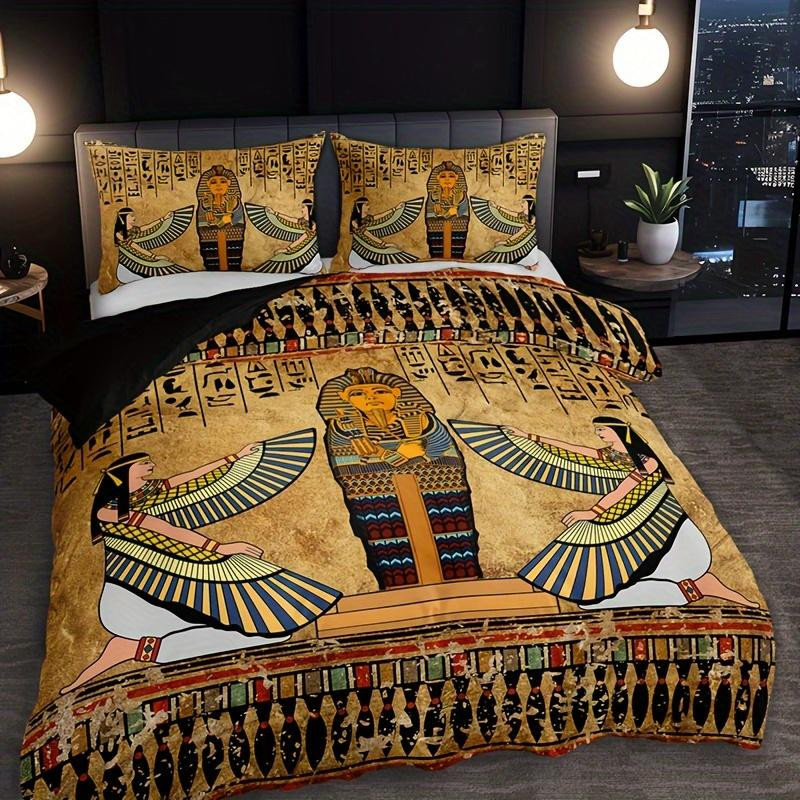 Bettwäscheset mit altägyptischer Kunst von Binchi Outdoor Product, 3-teiliges Set aus atmungsaktivem Mikrofaser-Bettbezug und 2 Kissenbezügen, Mehrfarbig, B: 140 cm, L: 210 cm - Bild 4
