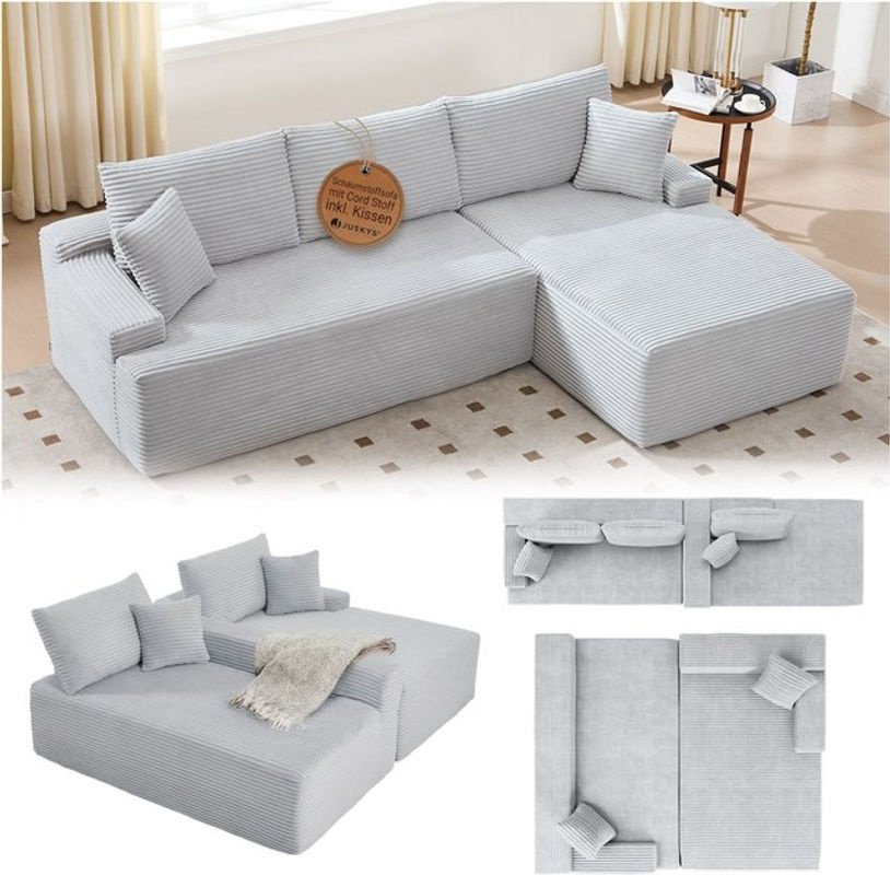 Juskys Ecksofa Coredo als 3-Sitzer in L-Form mit Ottomane rechts, Cord in Hellgrau - Bild 4