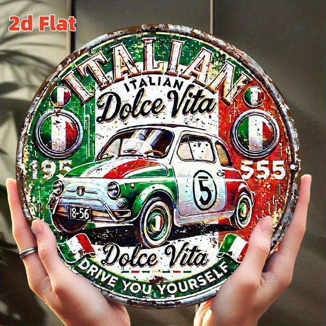 Potdemiel Rundes Italienisches Flaggen-Schild Abzeichen im Vintage-Stil aus Aluminium, Rot/Multicolor, Durchmesser: 20,0 cm - Bild 1