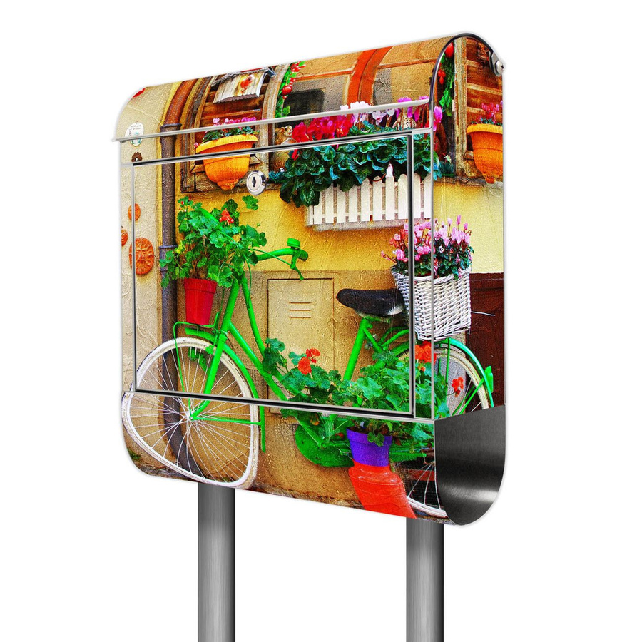 Freistehender Briefkasten aus Edelstahl von banjado mit Zeitungsbox und Motiv Grünes Fahrrad, Farbe Silber/Mehrfarbig, B: 38 cm, H: 161,5 cm, T: 14 cm - Bild 1