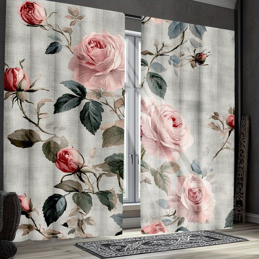 Rosenblumen Vorhang Set mit rustikalem Aquarell Blumenpflanzen Design für Wohnzimmer und Schlafzimmer aus Polyester, B: 100 cm, H: 70 cm - Bild 2