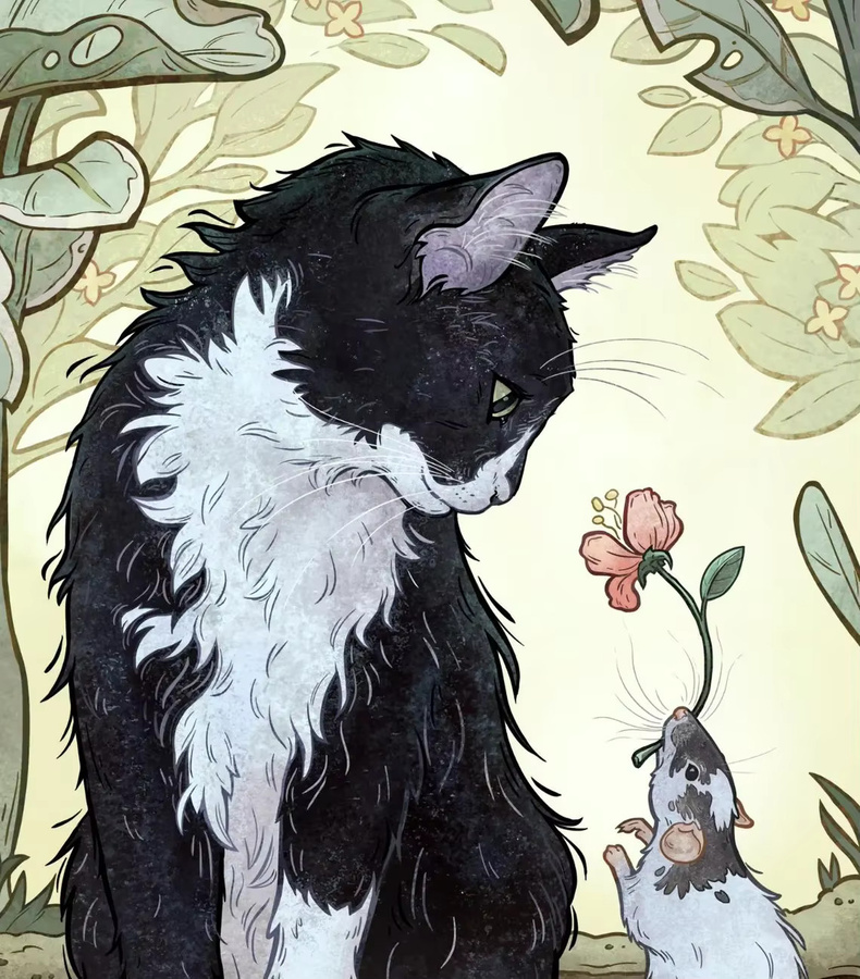 Kunstdruck Smoking-Katze und Ratte von SHENCHEN: Skurrile Art Nouveau Illustration als mehrfarbiger Paper Poster Wanddeko - Bild 3