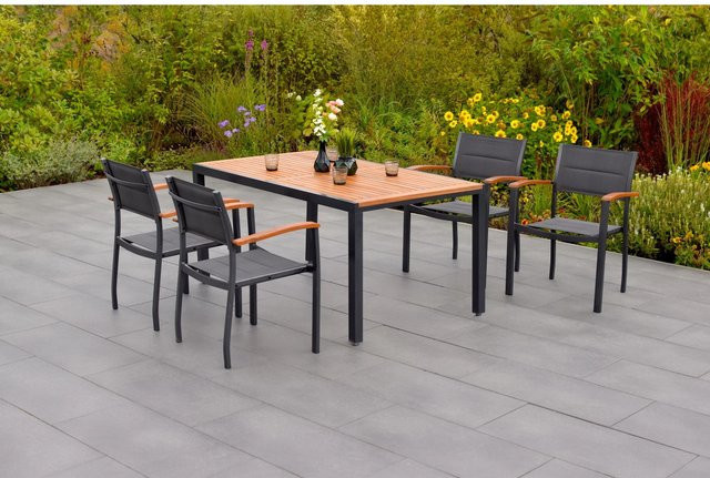 Merxx Paxos Gartenmöbel Set 5-tlg. mit Tisch und 4 Stapelsesseln aus Akazie, Aluminium und Textil, B/T/H: 150 x 90 x 75 cm - Bild 1