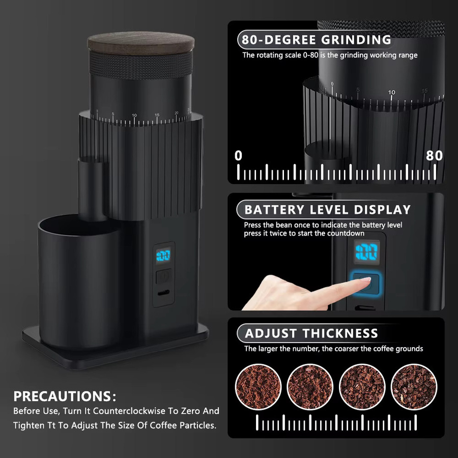 CF Wisdom Tragbare Elektrische Kaffeemühle in Schwarz, USB-aufladbar und einstellbar für Zuhause, Büro und Reisen - Bild 2