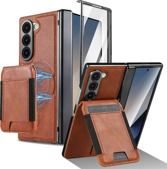 Magnetische Lederhülle für Samsung Galaxy Z Fold 7 6 5 4 3 mit Scharnierschutz, Bildschirmschutzfolie und Kartenhalter für MagSafe in Grün oder Braun - Bild 1