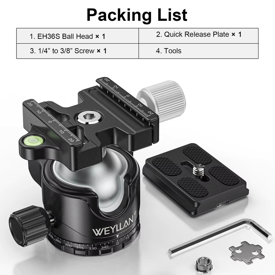 WEYLLAN EH36S Panorama Universal Kugelkopf mit U-Nut Low Profile Stativhalterung für DSLR Kamera Camcorder und Einbeinstativ in Schwarz - Bild 6