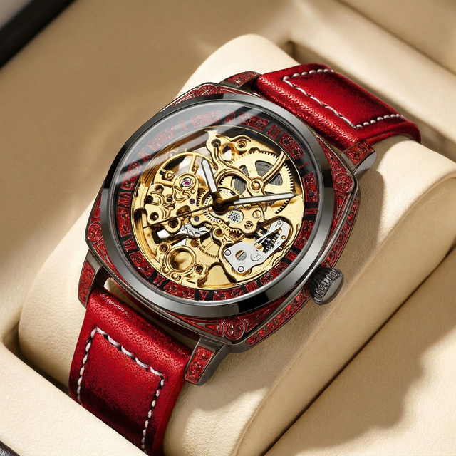 CAROTIF Armbanduhr, mechanisch, goldenes Zifferblatt, Lederarmband, Herren - Bild 1