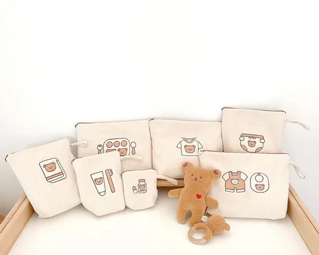 7-teiliges Set Baby Windel Organizer aus Leinwand in Beige, wasserdichte Aufbewahrungstaschen für Reise und Make-up - Bild 1