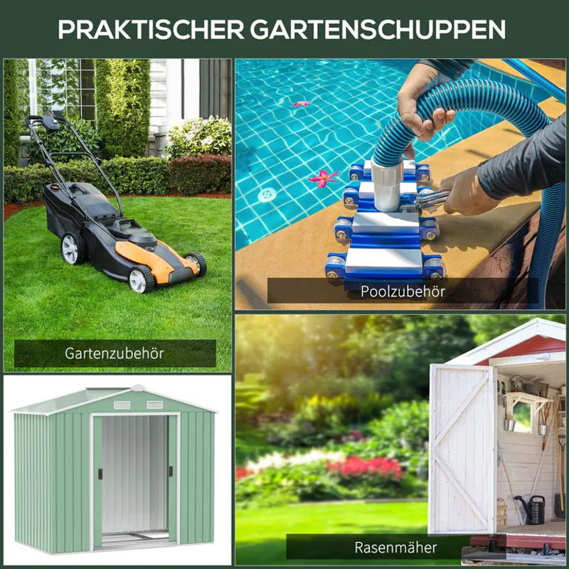 Outsunny Gerätehaus aus verzinktem Stahl mit Bodenrahmen und Schiebetüren, Grün, B/T/H: 213 x 130 x 185 cm - Bild 2