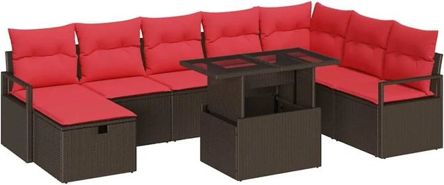 vidaXL Gartensofa-Set aus Poly-Rattan in L-Form mit 9 Teilen, Polsterkissen und integriertem Stauraum, Braun/Rot - Bild 1