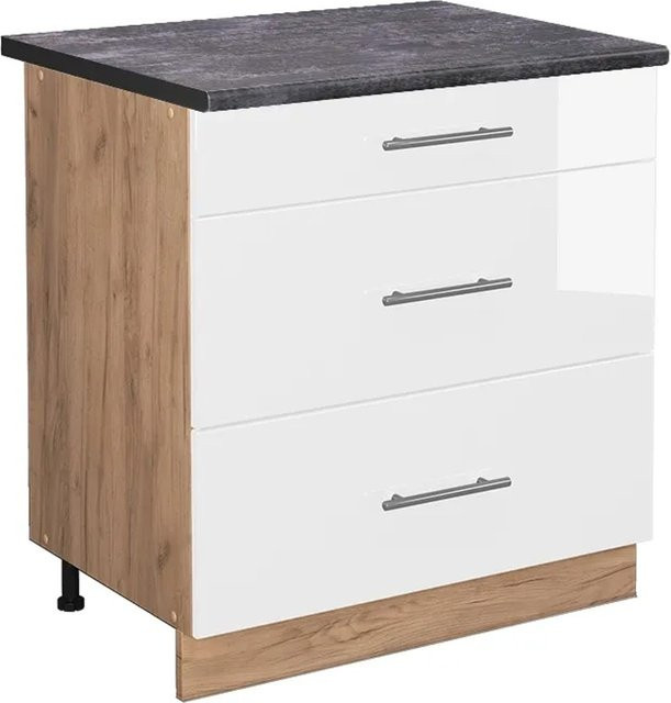 Vicco Küchenunterschrank Fame-Line in Weiß Hochglanz und Goldkraft Eiche mit 3 Schubladen in Anthrazit, B/T/H: 80 x 60 x 82 cm - Bild 1