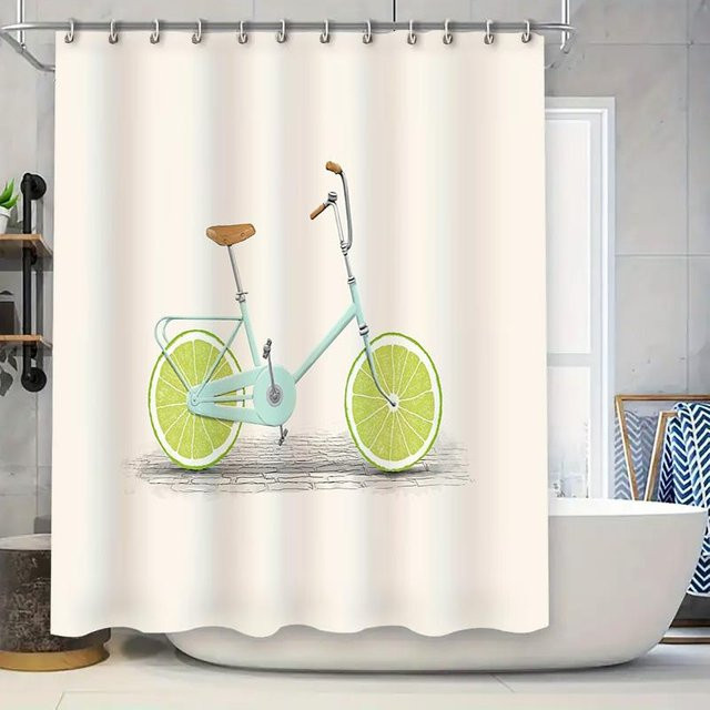 Monika Chen Duschvorhang Vintage Fahrrad Botanisch in Grün und Zitrone, wasserdicht und schimmelresistent, B: 180 cm, H: 220 cm - Bild 1
