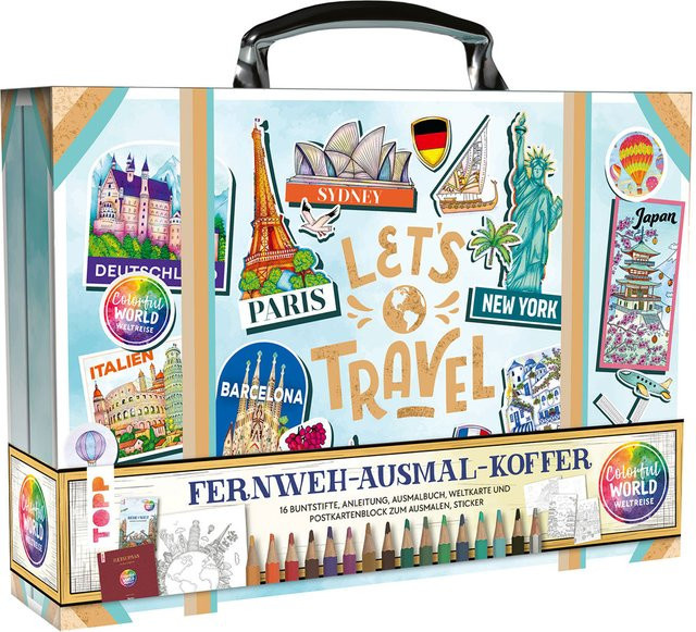 Fernweh-Ausmal-Koffer Colorful World von frechverlag GmbH in Grau und Multicolour für Erwachsene - Bild 1