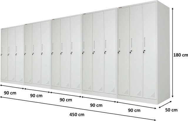 PROREGAL Spindschrank ELEPHANT aus Metall in Lichtgrau mit 3 Abteilen, Kleiderstangen und Kleiderhaken, B/T/H: 90 x 50 x 180 cm - Bild 1
