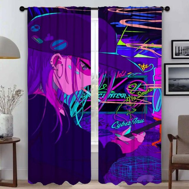 Vaporwave Kybernetische Kunst Tüllvorhänge für Wohnzimmer und Schlafzimmer, 2er-Set, Mehrfarbig, B: 50 cm, H: 70 cm - Bild 1