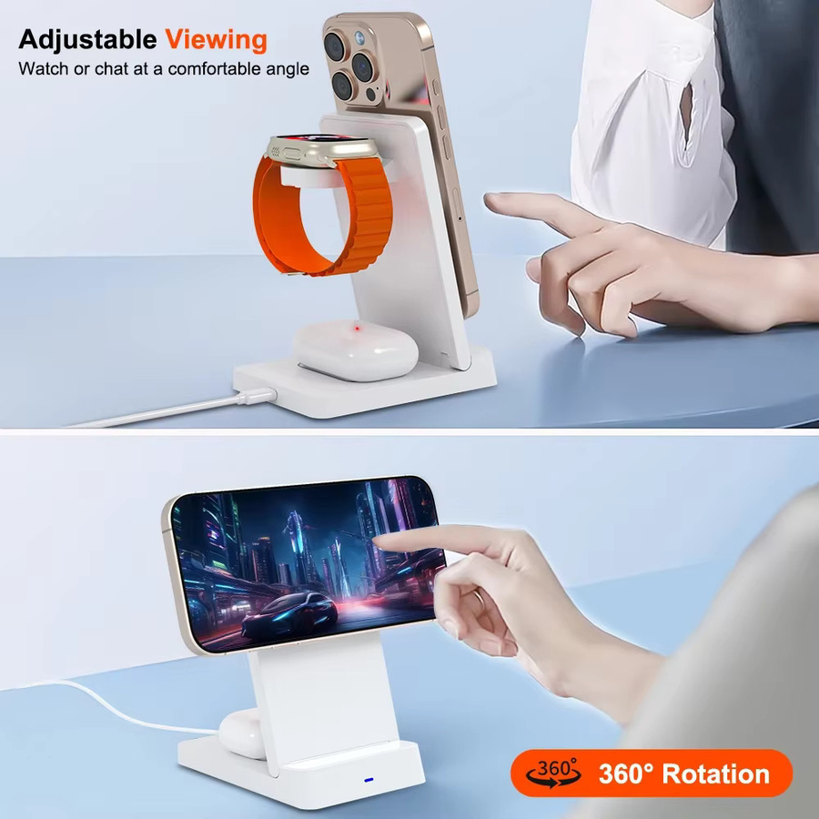 VIKEFON 3-in-1 magnetisches kabelloses Ladegerät, faltbare Schnellladestation für MagSafe iPhone, iWatch und AirPods Pro in Schwarz - Bild 3