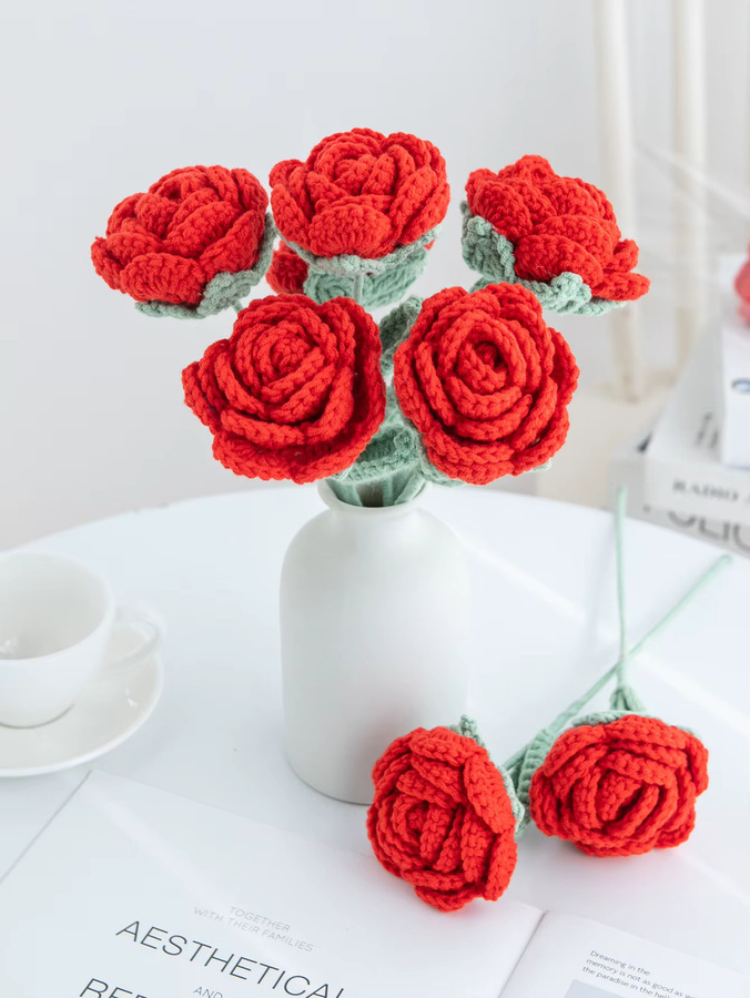 TTCY Künstliche Häkel-Rose in Rot aus Textil für Hochzeiten, Dekoration und DIY-Geschenke - Bild 3