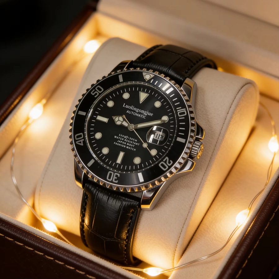 LUOLINGONGJUE Armbanduhr Automatik, Edelstahl, Leder, Schwarz, Herren - Bild 2